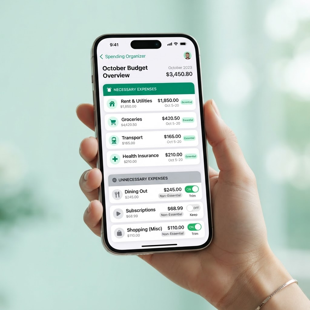 Rewards Economia screen separating necessary and unnecessary expenses with toggles